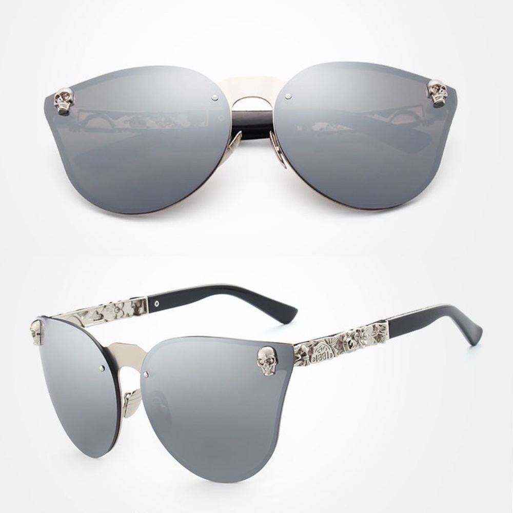 KINGSEVEN Silver Gothic Skull Rimless Cat Eye Sunglasses - Picture 2 of 16